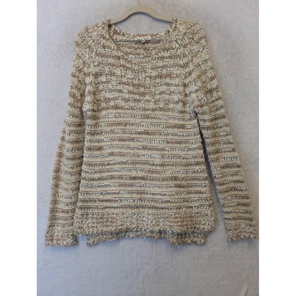 Hem & Thread Women's Size S Cream Tan Metallic Gold Striped Chunky Knit Sweater